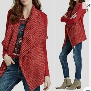 Lucky Brand Open Front Red Sweater Shawl Collar Metallic Silver Size S‎
